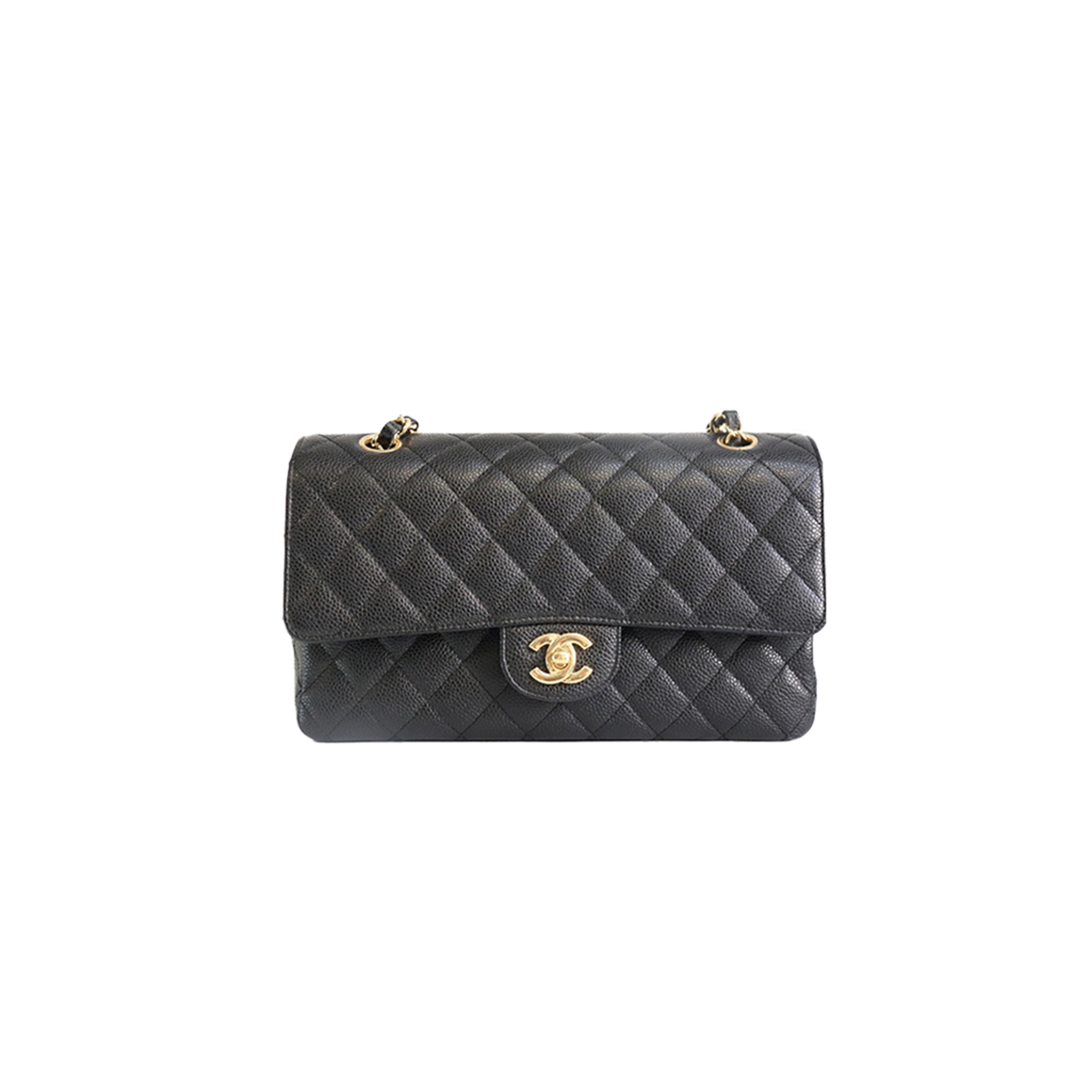 Ch*el classic medium double flap, black caviar leather, gold hardware (25.5*15.5*6.5cm)